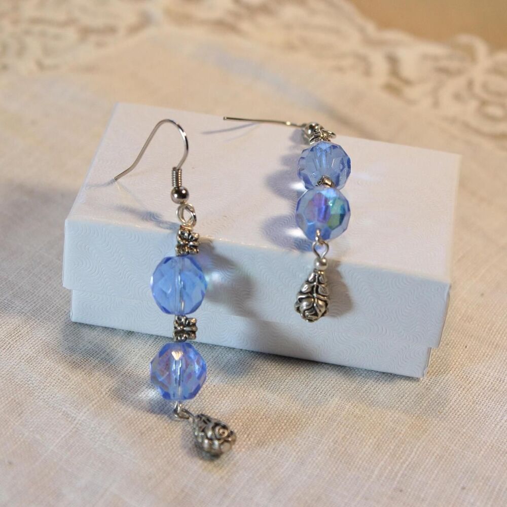 Fairycore dainty handmade blue beaded earrings with rose charm